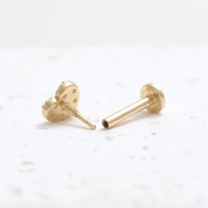 14K Real Gold CZ or Moissanite Genuine Diamond Heart Helix Cartilage Tragus Inner Conch Internally Threaded Flat Back Earring La