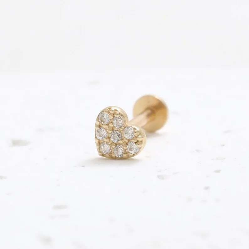 14K Real Gold CZ or Moissanite Genuine Diamond Heart Helix Cartilage Tragus Inner Conch Internally Threaded Flat Back Earring La