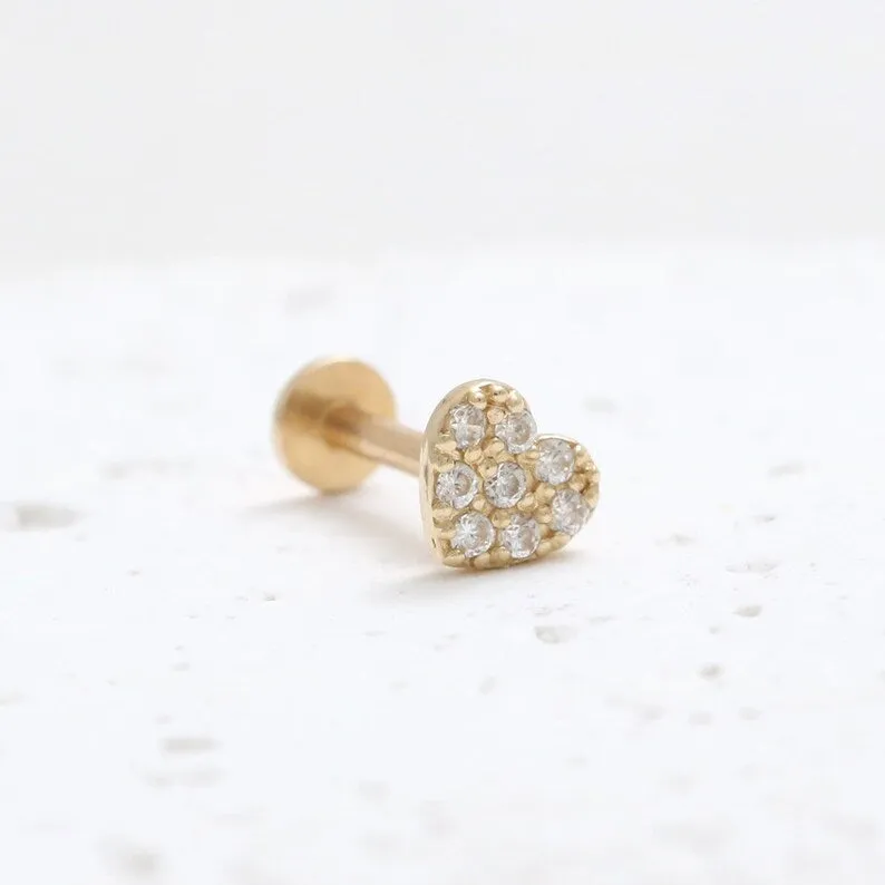 14K Real Gold CZ or Moissanite Genuine Diamond Heart Helix Cartilage Tragus Inner Conch Internally Threaded Flat Back Earring La