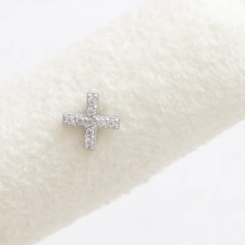 14K Real Gold CZ or Moissanite Genuine Diamond Pave Cross Helix Cartilage Tragus Inner Conch Internally Threaded Flat Back Earri