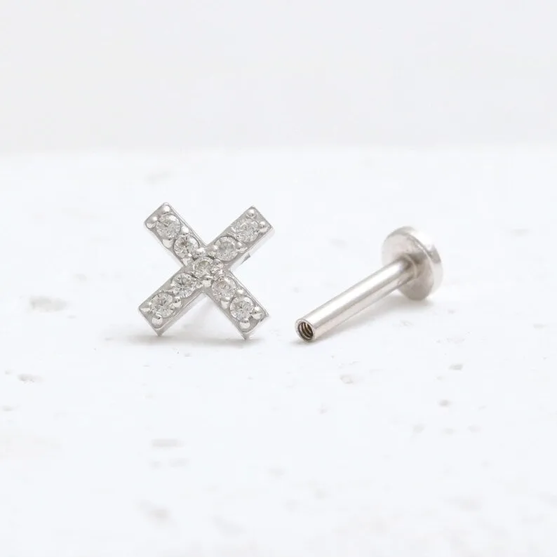 14K Real Gold CZ or Moissanite Genuine Diamond Pave Cross Helix Cartilage Tragus Inner Conch Internally Threaded Flat Back Earri