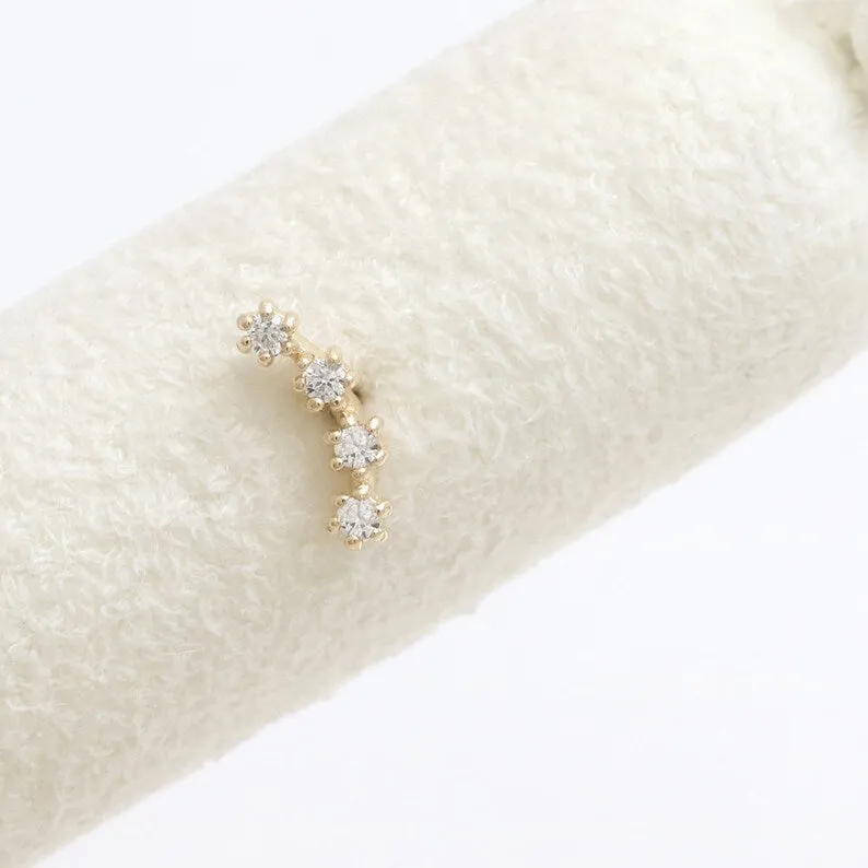 14K Real Gold CZ or Moissanite Genuine Diamond Prongs Curved Bar Helix Cartilage Tragus Inner Conch Internally Threaded Flat Bac