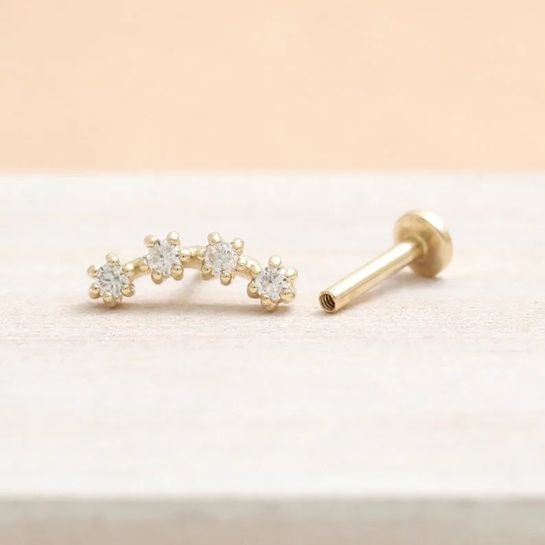 14K Real Gold CZ or Moissanite Genuine Diamond Prongs Curved Bar Helix Cartilage Tragus Inner Conch Internally Threaded Flat Bac