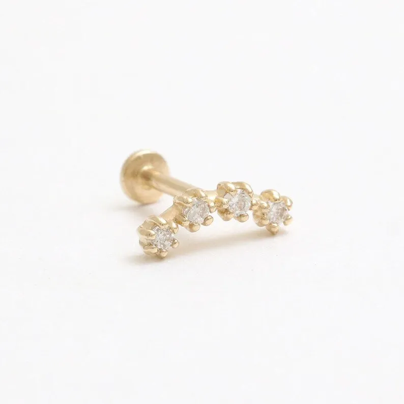 14K Real Gold CZ or Moissanite Genuine Diamond Prongs Curved Bar Helix Cartilage Tragus Inner Conch Internally Threaded Flat Bac