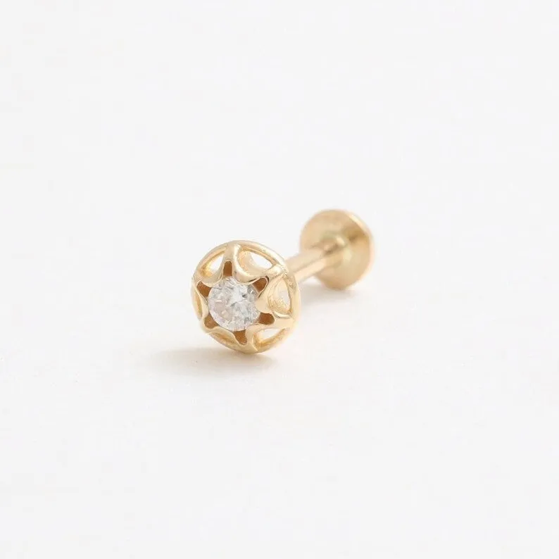 14K Real Gold CZ or Moissanite Genuine Diamond Star Dome Helix Cartilage Tragus Inner Conch Internally Threaded Flat Back Earrin