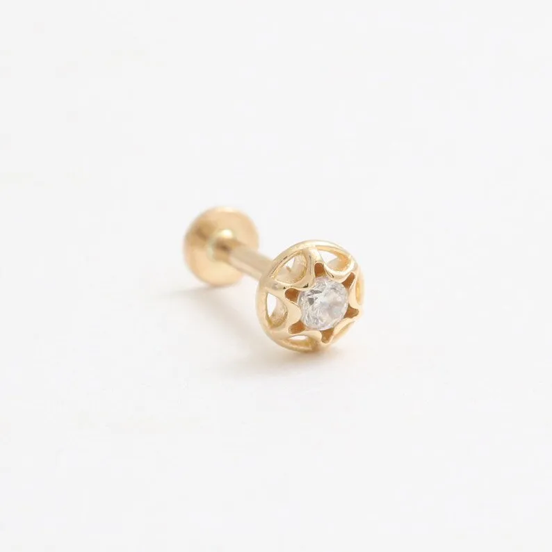 14K Real Gold CZ or Moissanite Genuine Diamond Star Dome Helix Cartilage Tragus Inner Conch Internally Threaded Flat Back Earrin