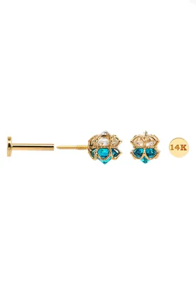 14k Solid Gold Two Tone Cz Clover Helix Cartilage Internally Threaded Flat Back Earring Labret Stud