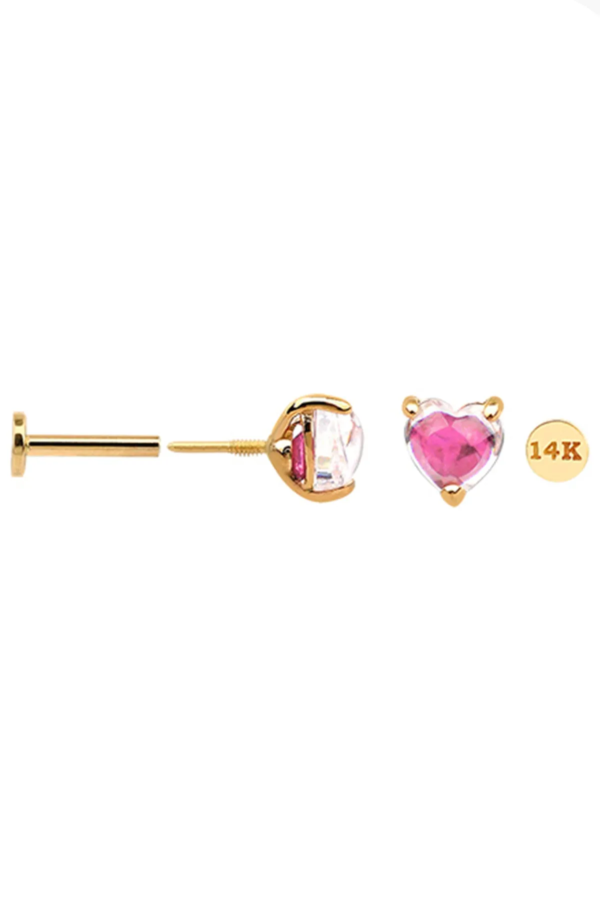 14k Solid Gold Two Tone Cz Heart Helix Cartilage Internally Threaded Flat Back Earring Labret Stud