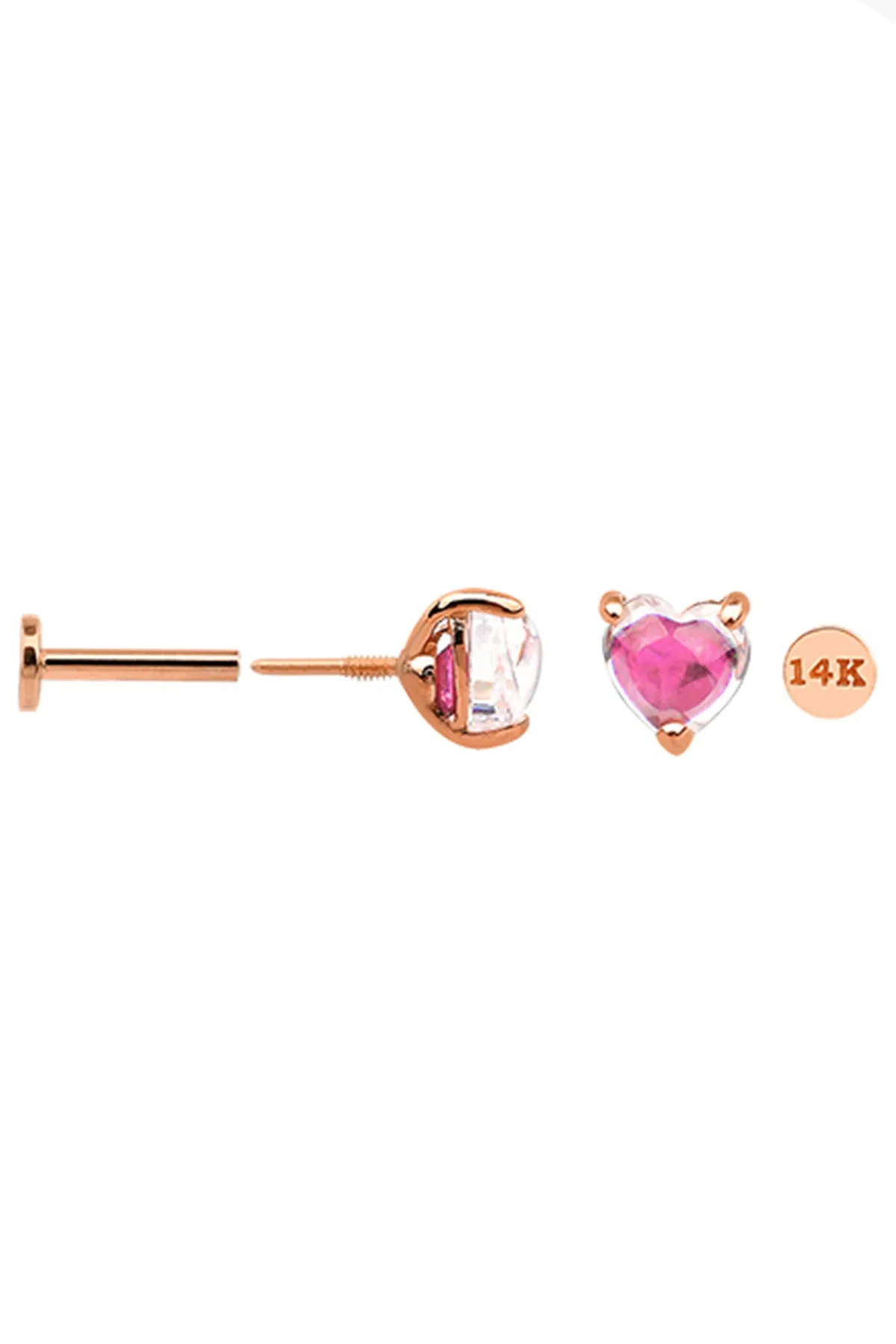 14k Solid Gold Two Tone Cz Heart Helix Cartilage Internally Threaded Flat Back Earring Labret Stud