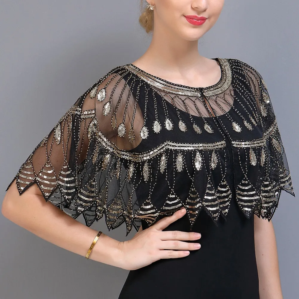 1920s Flapper Shawl Wraps Beaded Sequin Art Deco Evening Cape Bolero Cover Up Gatsby Party Dress Shawl Costume Accessory