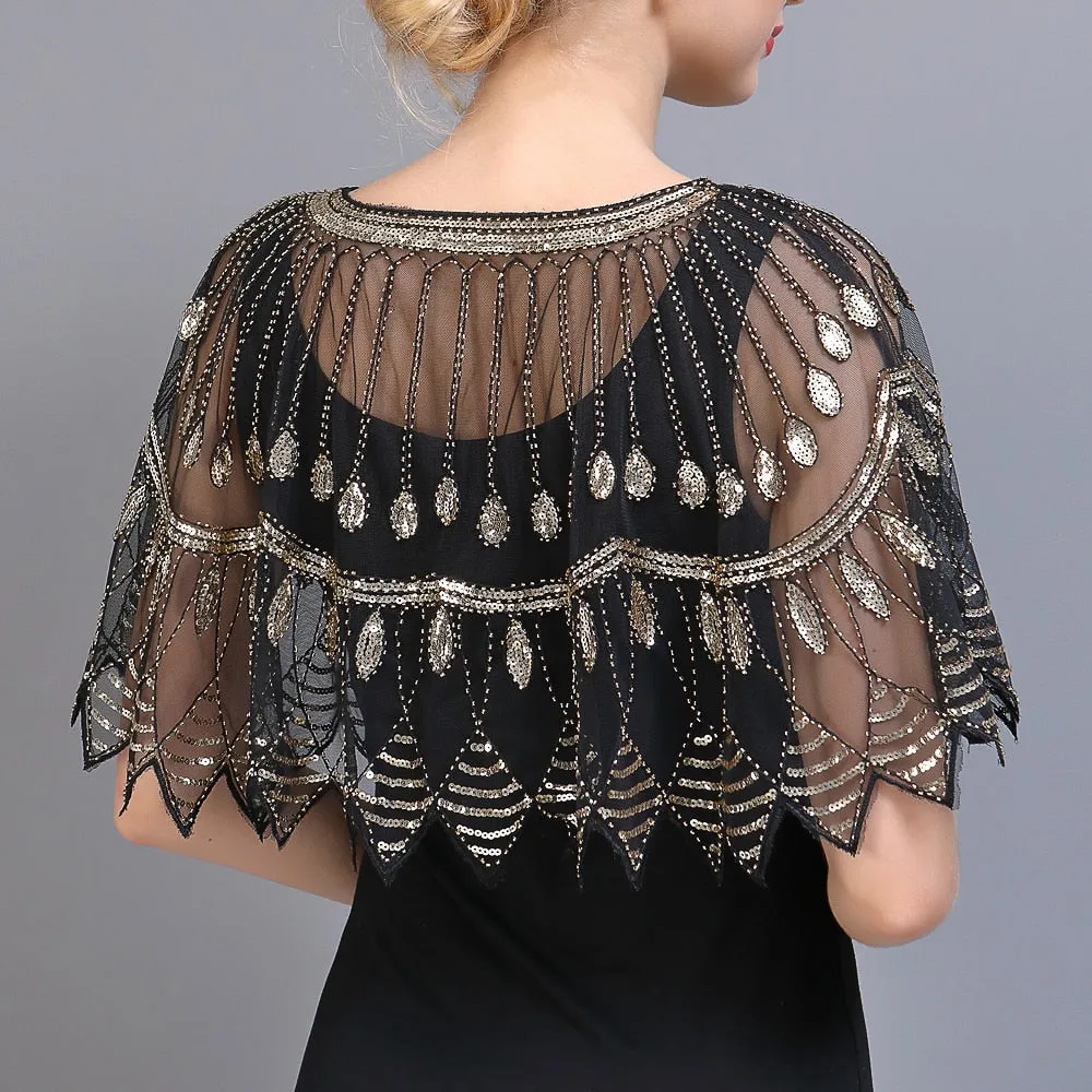 1920s Flapper Shawl Wraps Beaded Sequin Art Deco Evening Cape Bolero Cover Up Gatsby Party Dress Shawl Costume Accessory