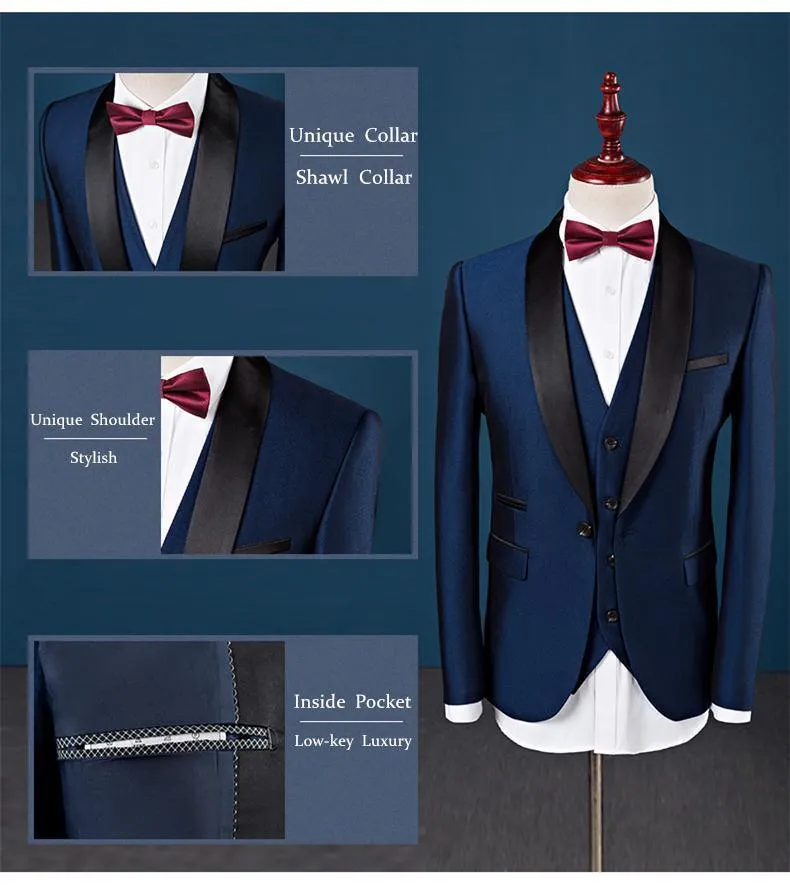 3-Piece Suit Men's Wedding Suits Shawl Collar Slim Fit Suit