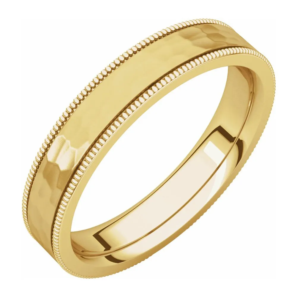 4mm 14K Yellow Gold Milgrain Hammered Flat Comfort Fit Band