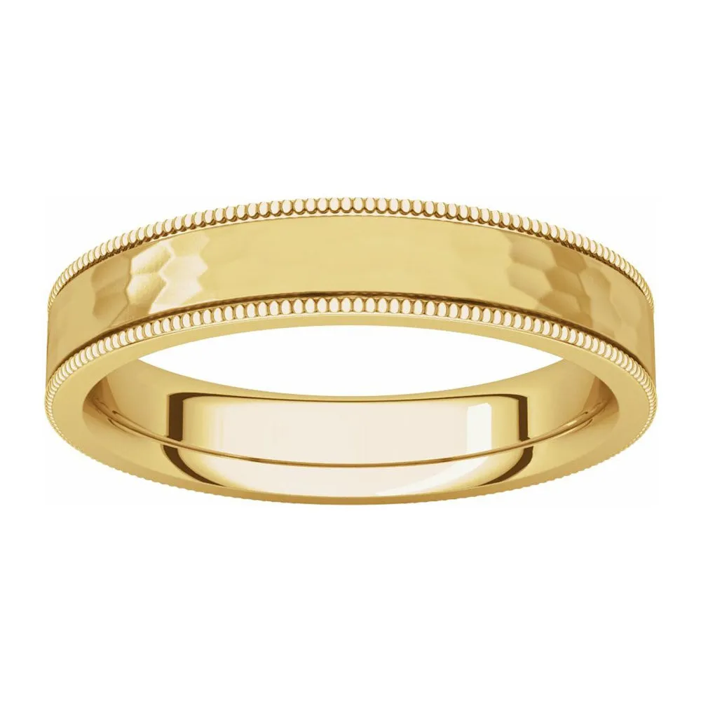 4mm 14K Yellow Gold Milgrain Hammered Flat Comfort Fit Band