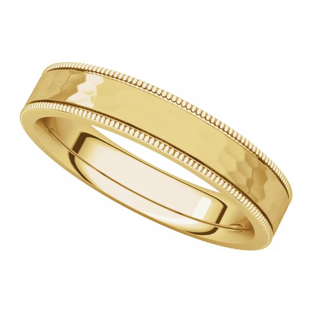 4mm 14K Yellow Gold Milgrain Hammered Flat Comfort Fit Band