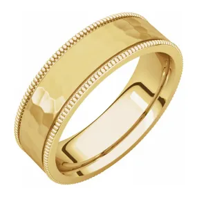 6mm 14K Yellow Gold Milgrain Hammered Flat Comfort Fit Band