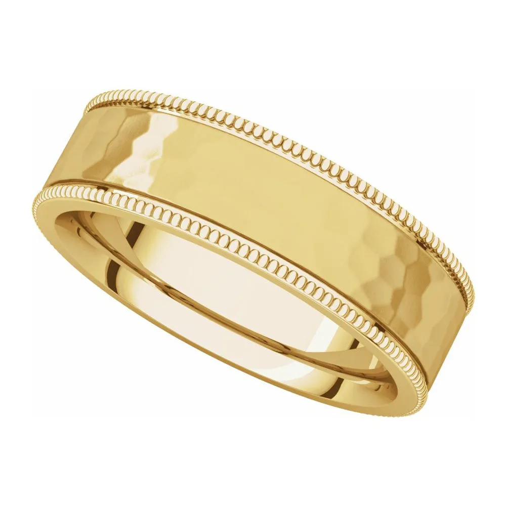 6mm 14K Yellow Gold Milgrain Hammered Flat Comfort Fit Band