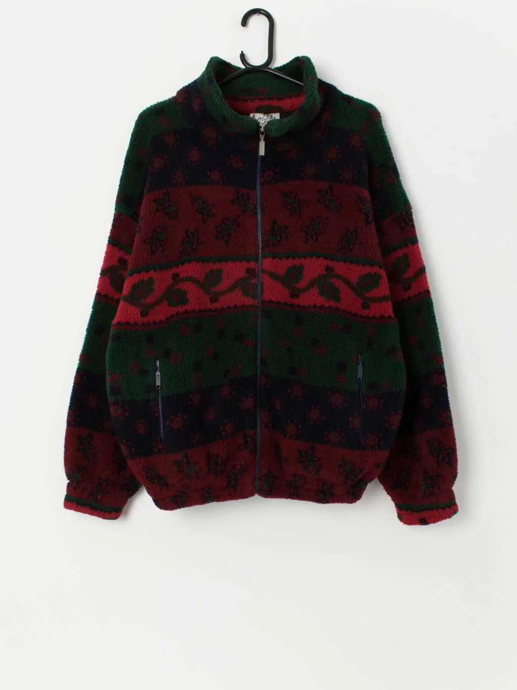 90s vintage patterned fleece in forest green and red – Small / Medium