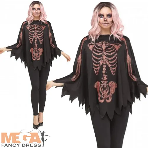 Adults Glitter Skeleton Halloween Poncho Costume