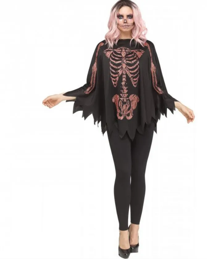 Adults Glitter Skeleton Halloween Poncho Costume