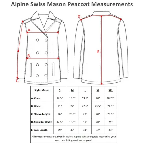 Alpine Swiss Mason Mens Wool Blend Classic Pea Coat Jacket