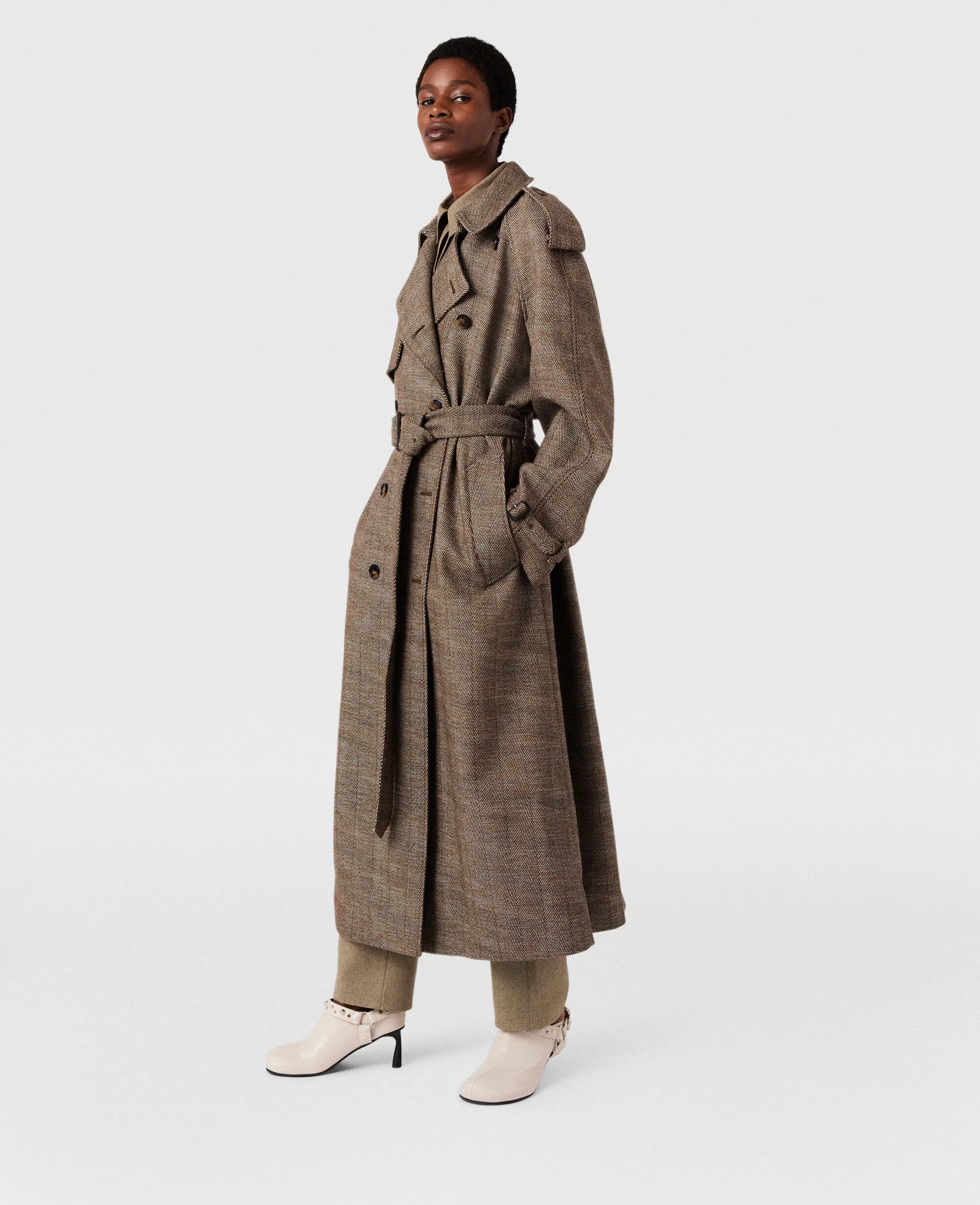 Belted Herringbone Trench Coat