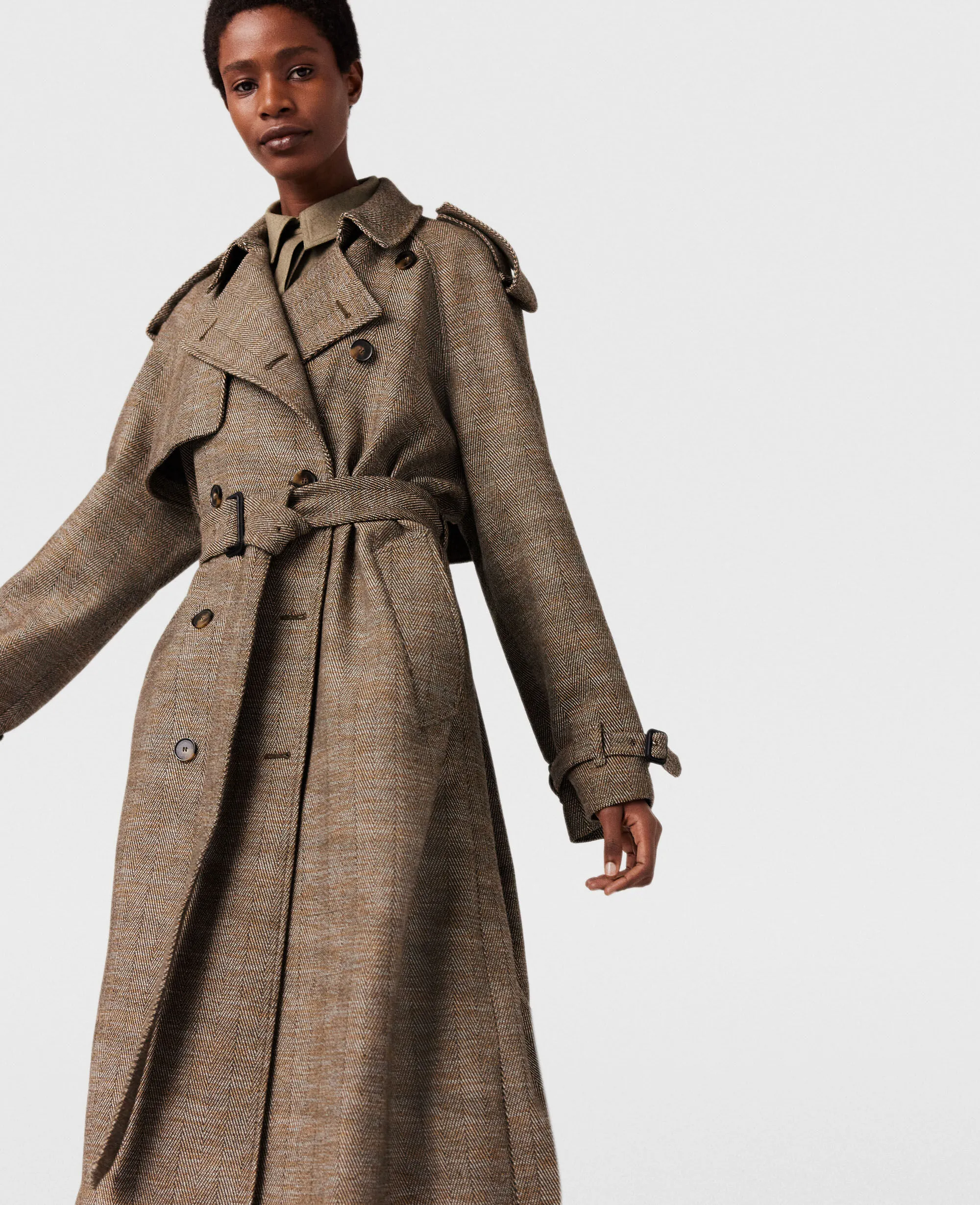 Belted Herringbone Trench Coat