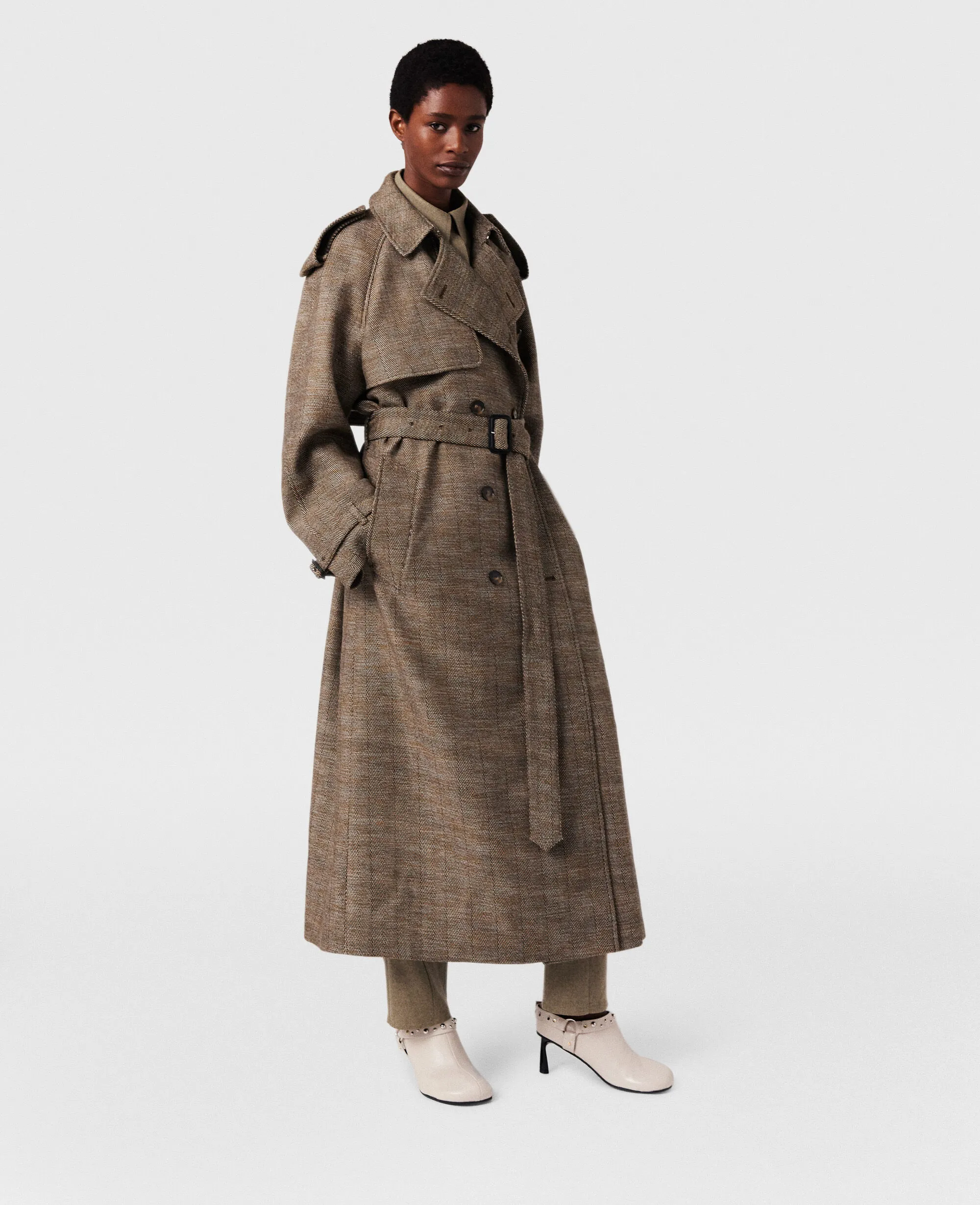 Belted Herringbone Trench Coat