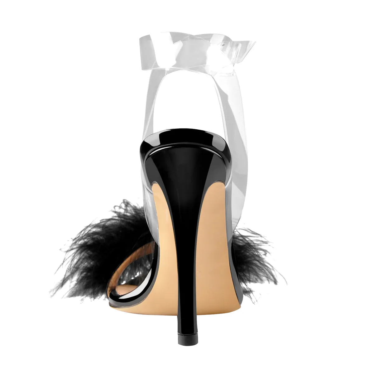 Black Feather High Heel Clear Strap Stilettos Sandals