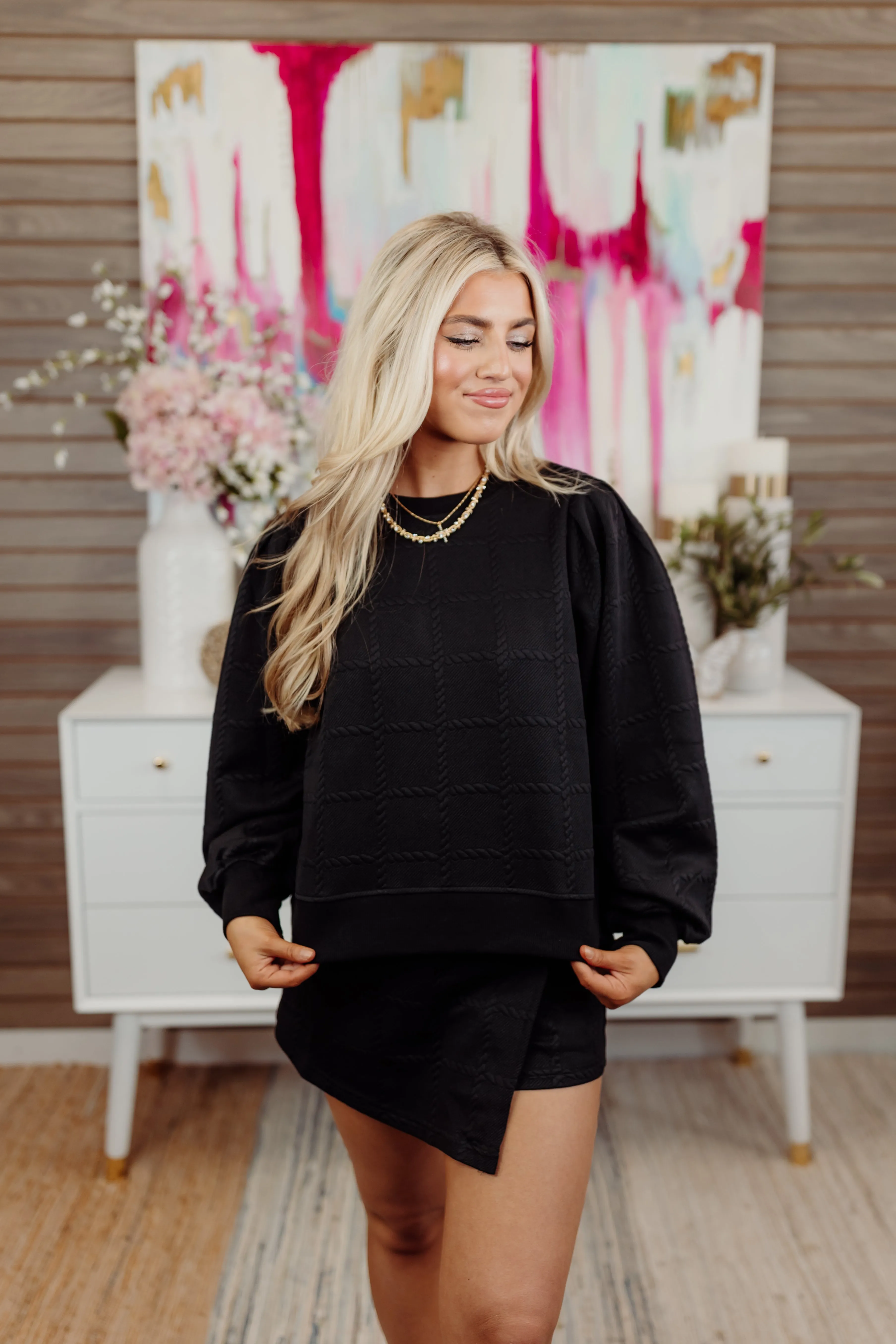 Black Textured Pullover and Wrap Skort Set