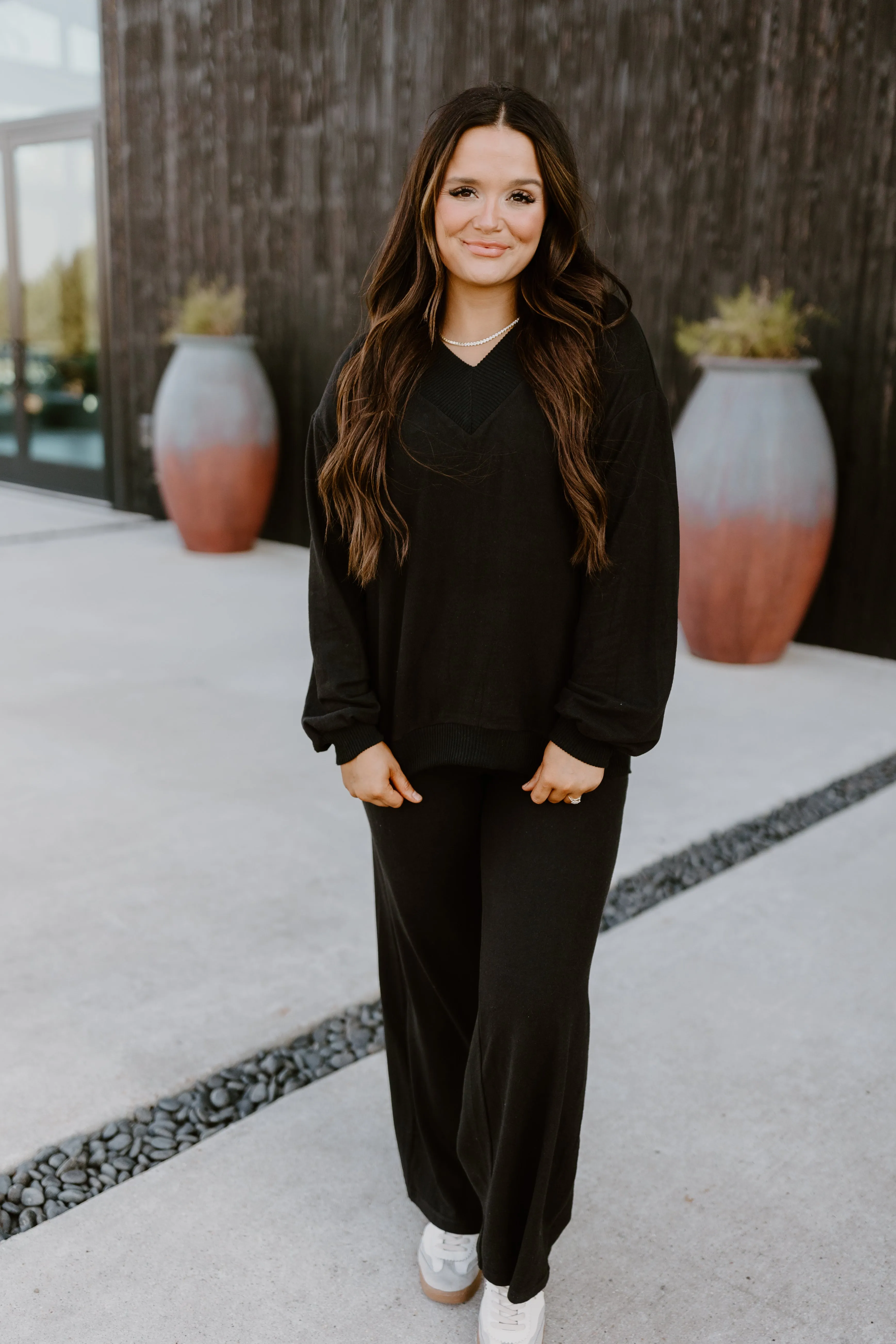 Black V-Neck Brushed Pullover and Pant Set