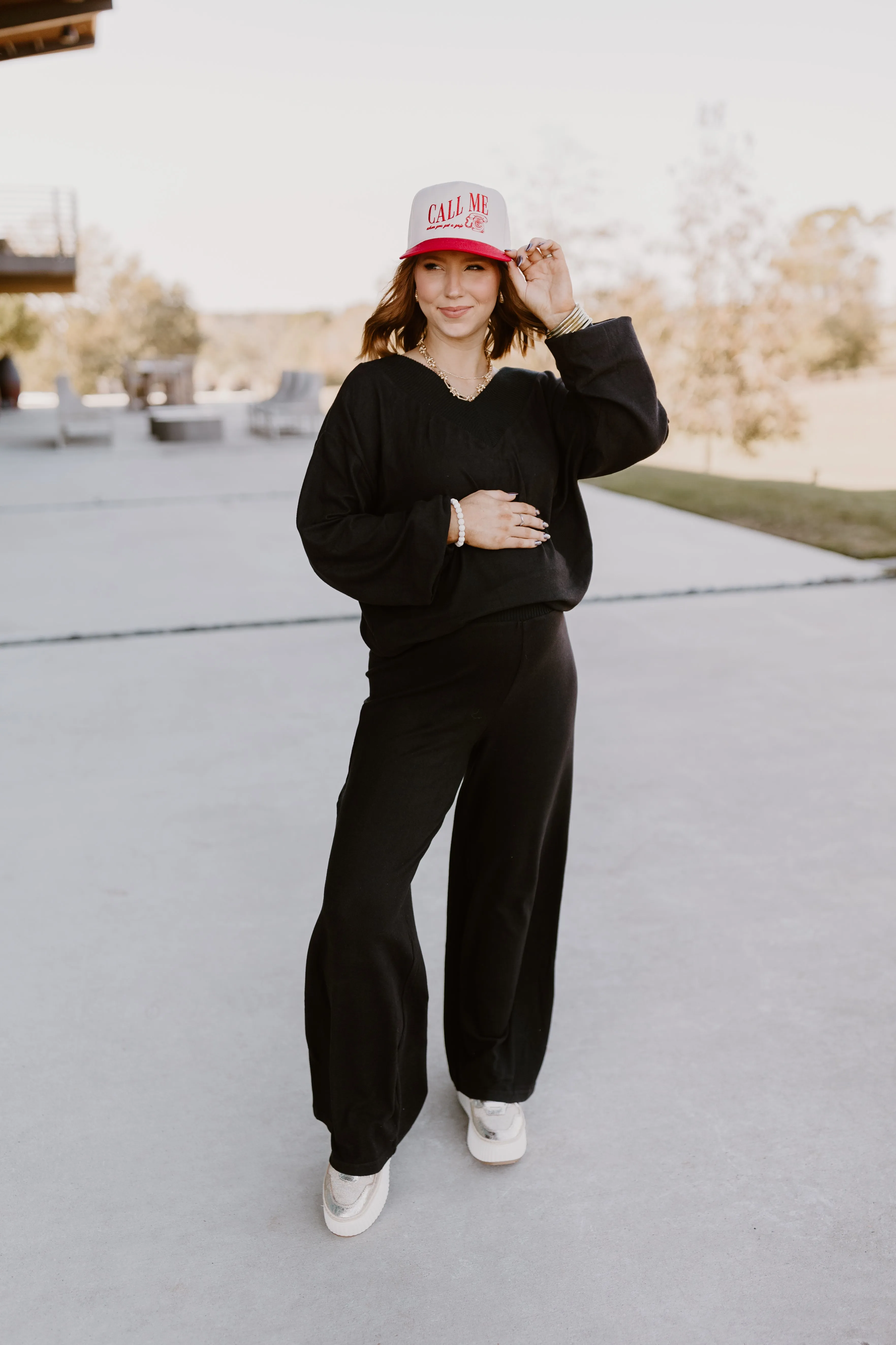 Black V-Neck Brushed Pullover and Pant Set