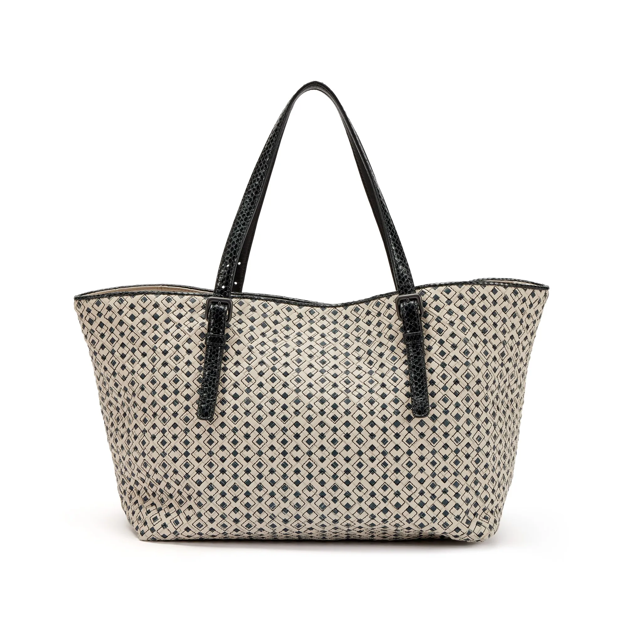 Bottega Veneta Black and Creme Printed Intrecciato Nappa Leather and Ayers Snakeskin Medium Tote Black Hardware