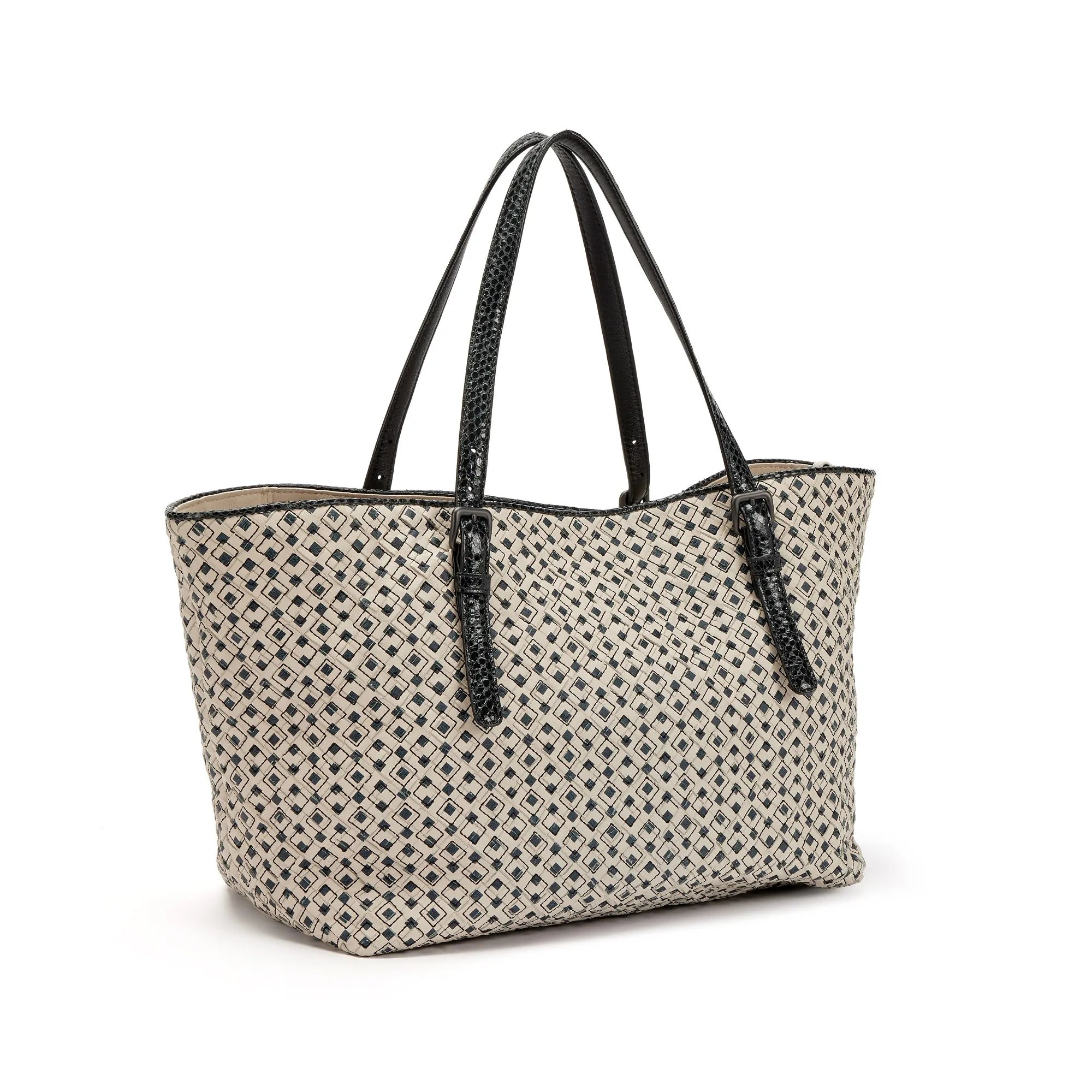 Bottega Veneta Black and Creme Printed Intrecciato Nappa Leather and Ayers Snakeskin Medium Tote Black Hardware