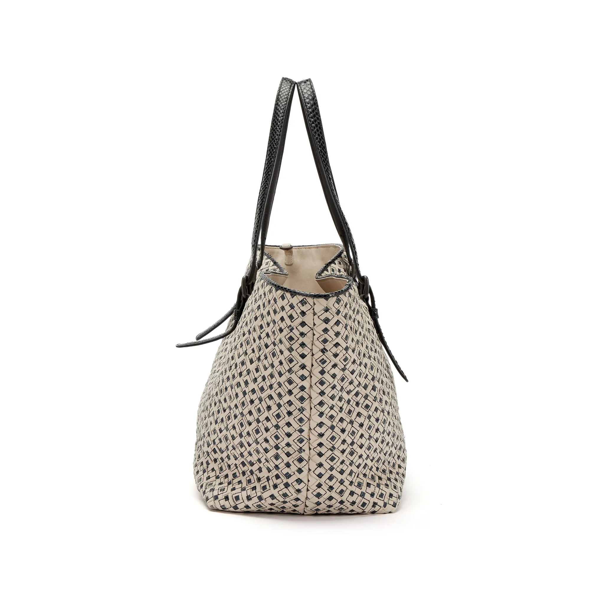 Bottega Veneta Black and Creme Printed Intrecciato Nappa Leather and Ayers Snakeskin Medium Tote Black Hardware