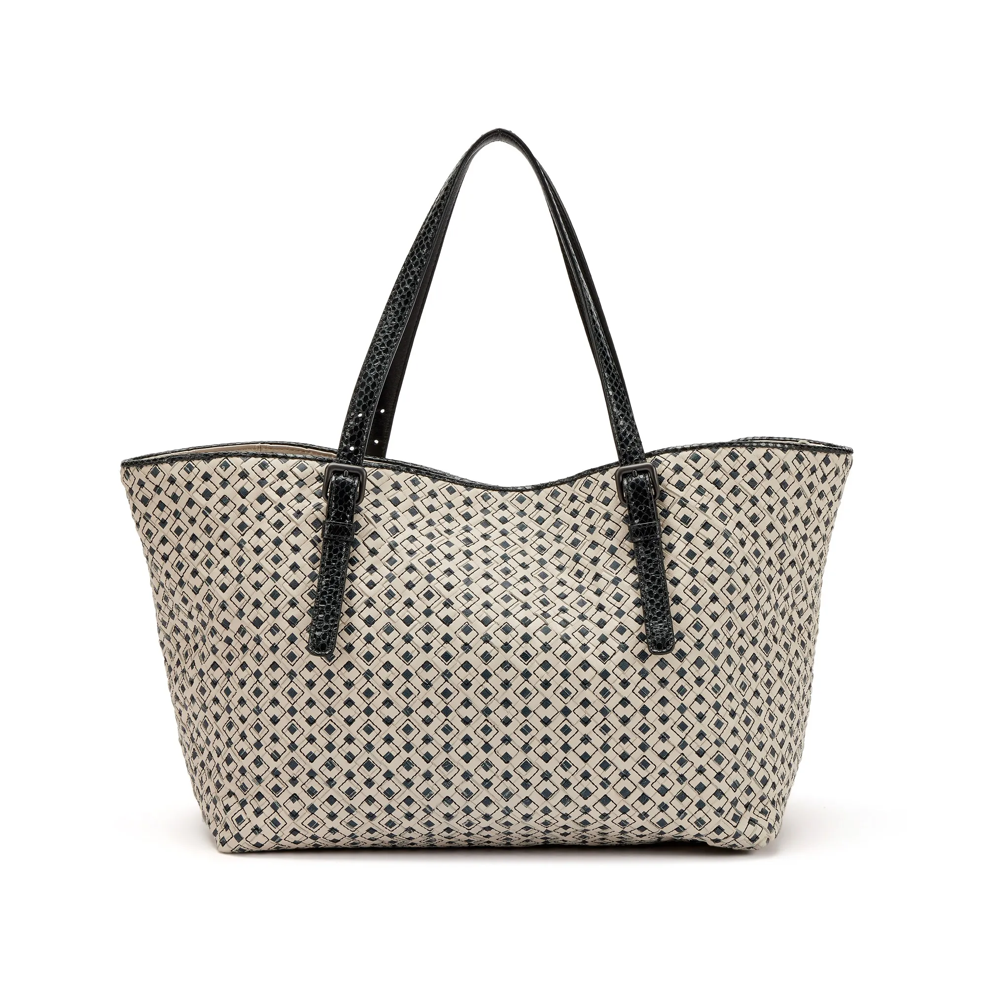 Bottega Veneta Black and Creme Printed Intrecciato Nappa Leather and Ayers Snakeskin Medium Tote Black Hardware