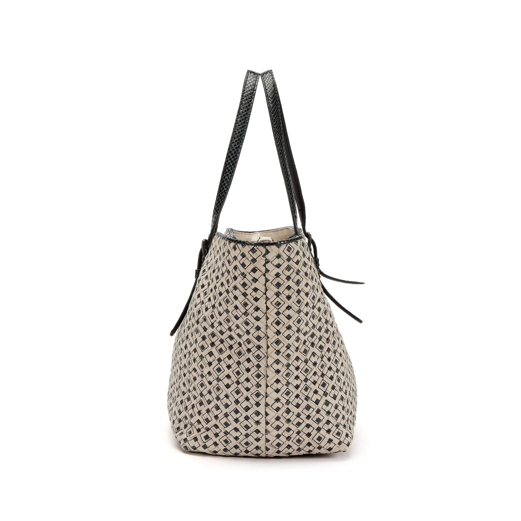 Bottega Veneta Black and Creme Printed Intrecciato Nappa Leather and Ayers Snakeskin Medium Tote Black Hardware