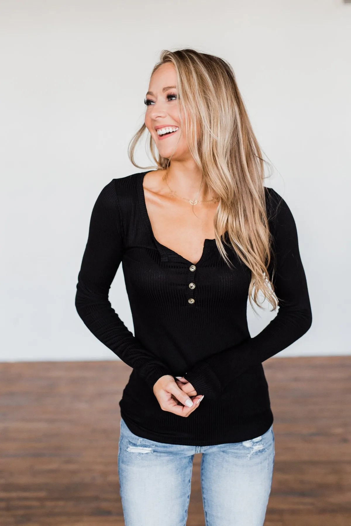 Break The Silence Button Henley Top- Black