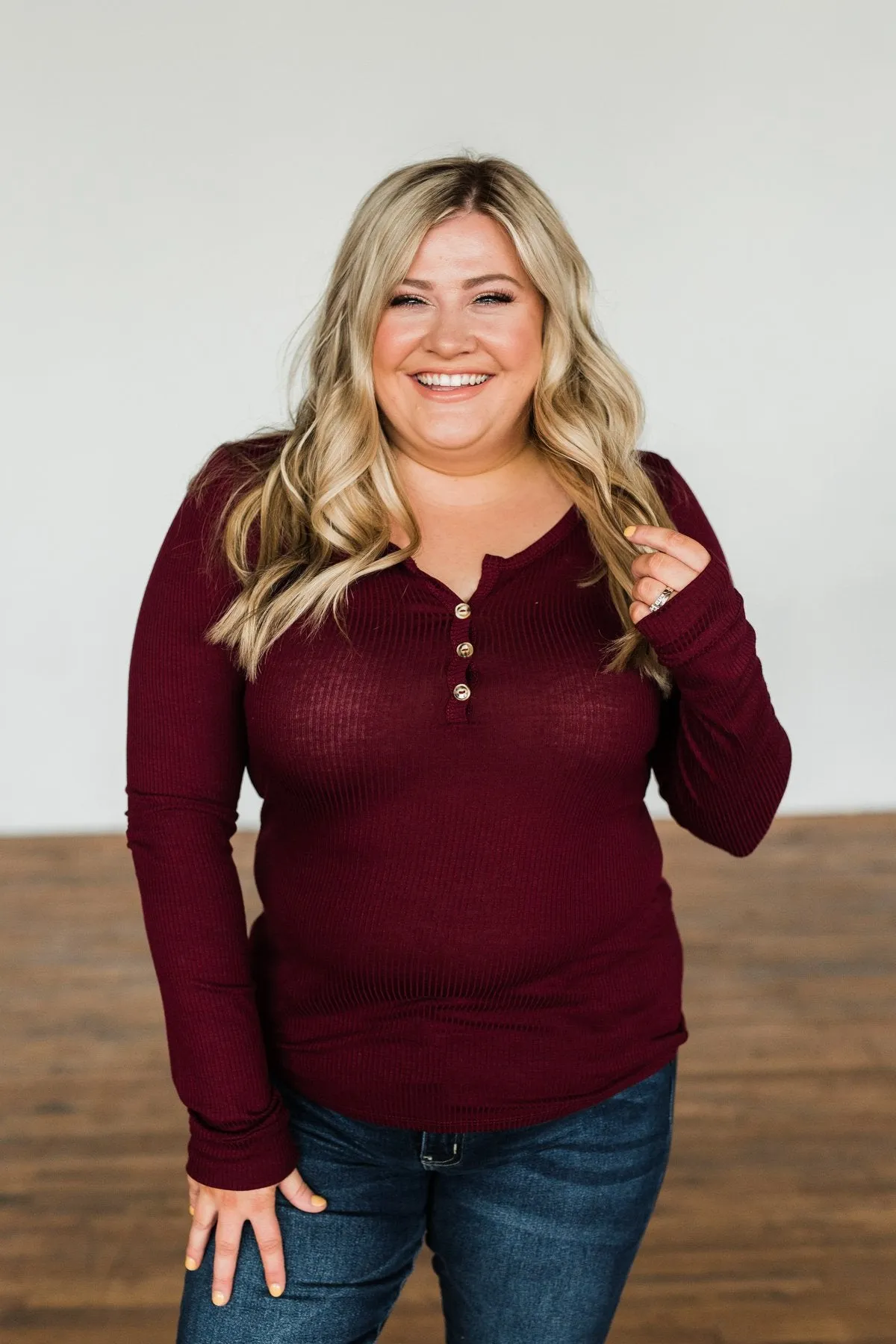 Break The Silence Button Henley Top- Burgundy