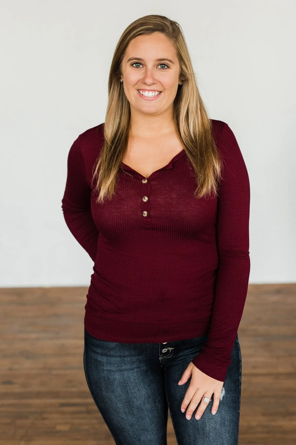 Break The Silence Button Henley Top- Burgundy