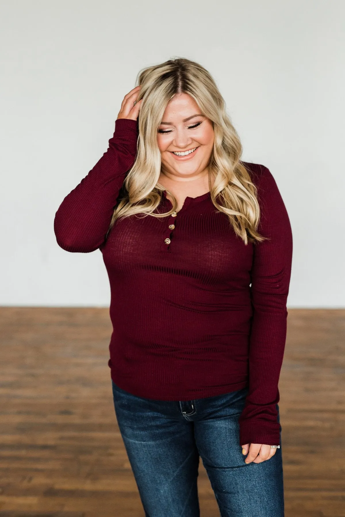 Break The Silence Button Henley Top- Burgundy