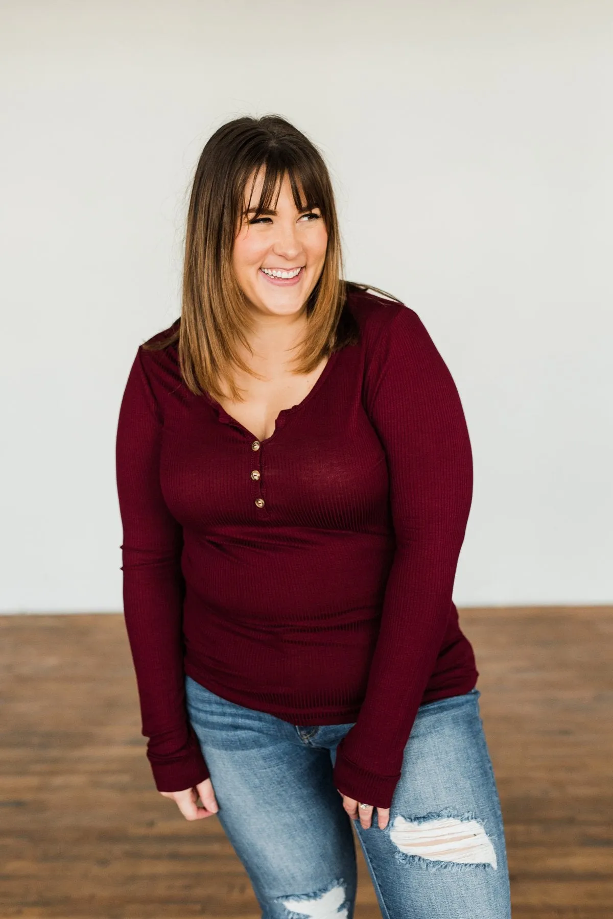 Break The Silence Button Henley Top- Burgundy