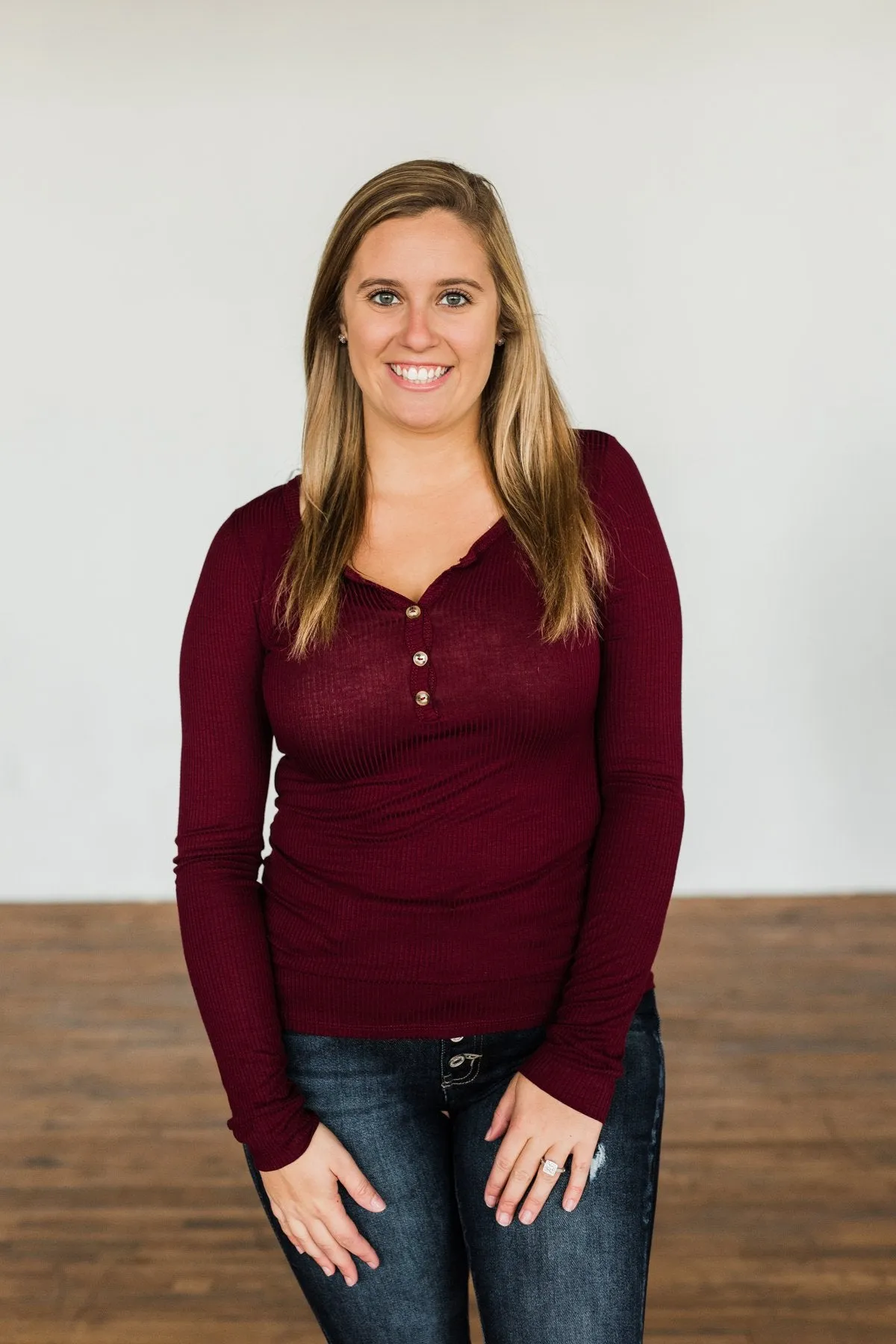 Break The Silence Button Henley Top- Burgundy