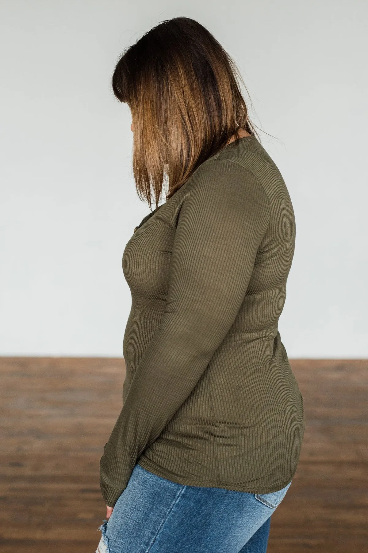 Break The Silence Button Henley Top- Olive