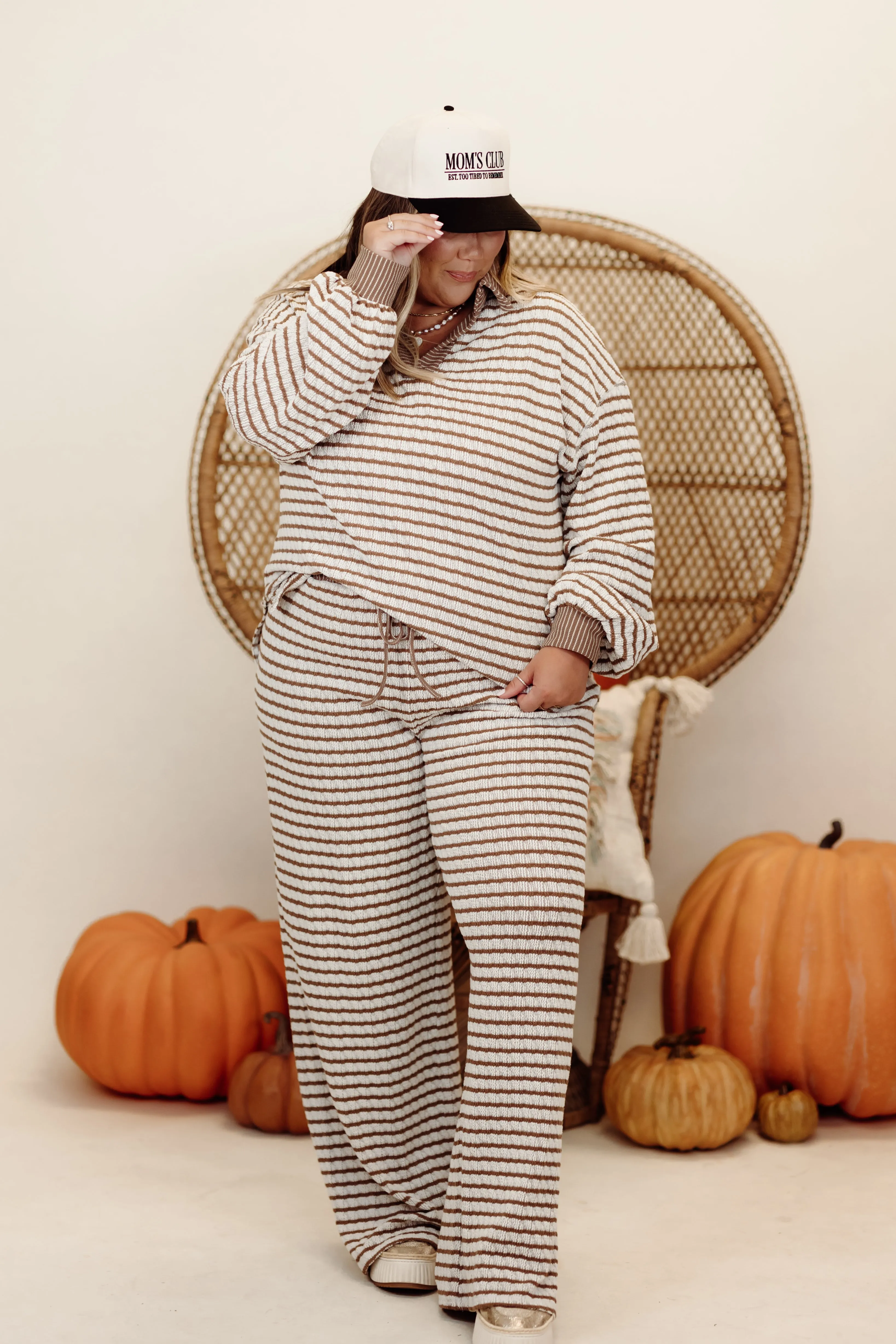 Brown and Cream Striped Knit Pullover and Wide Leg Pant Set