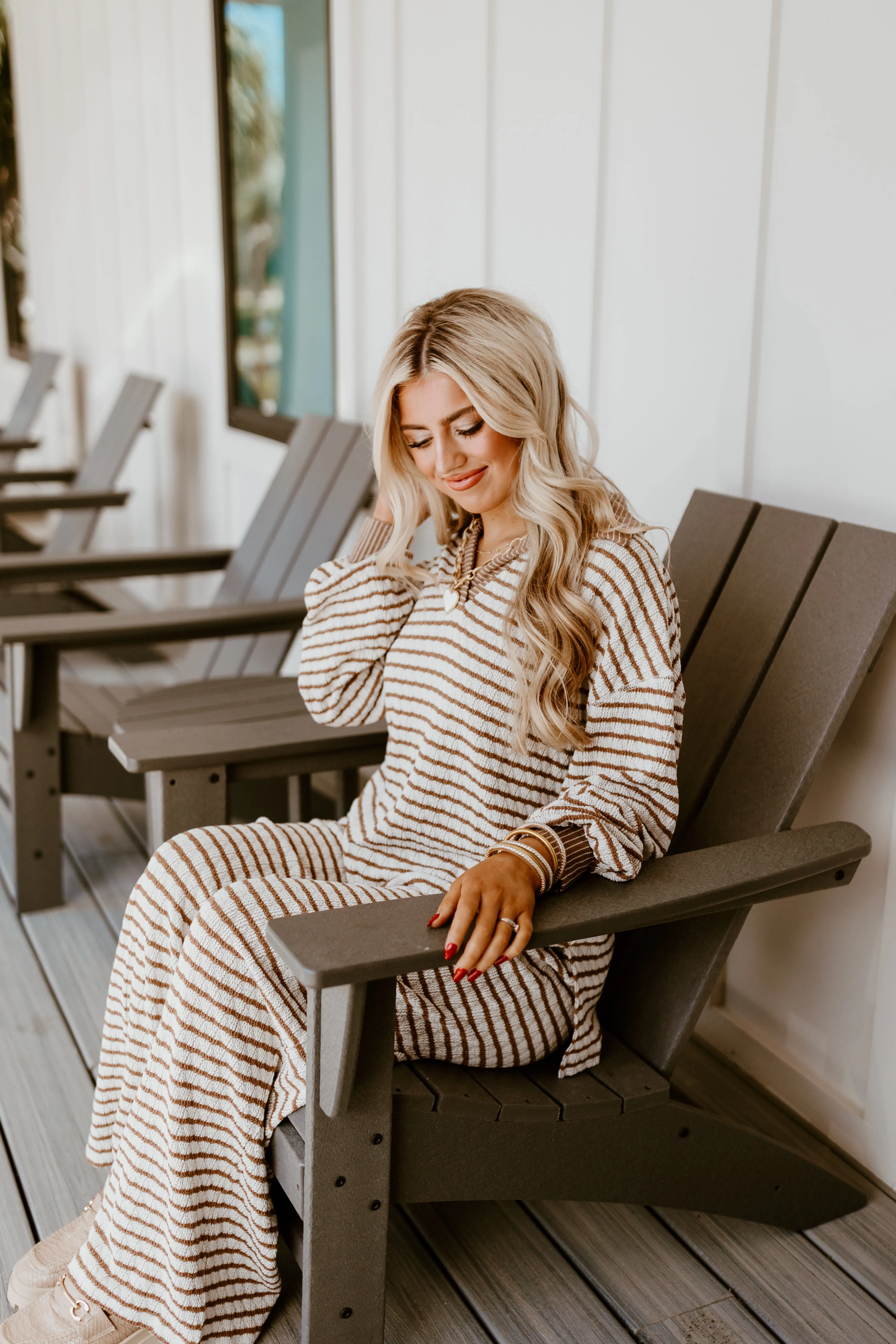 Brown and Cream Striped Knit Pullover and Wide Leg Pant Set