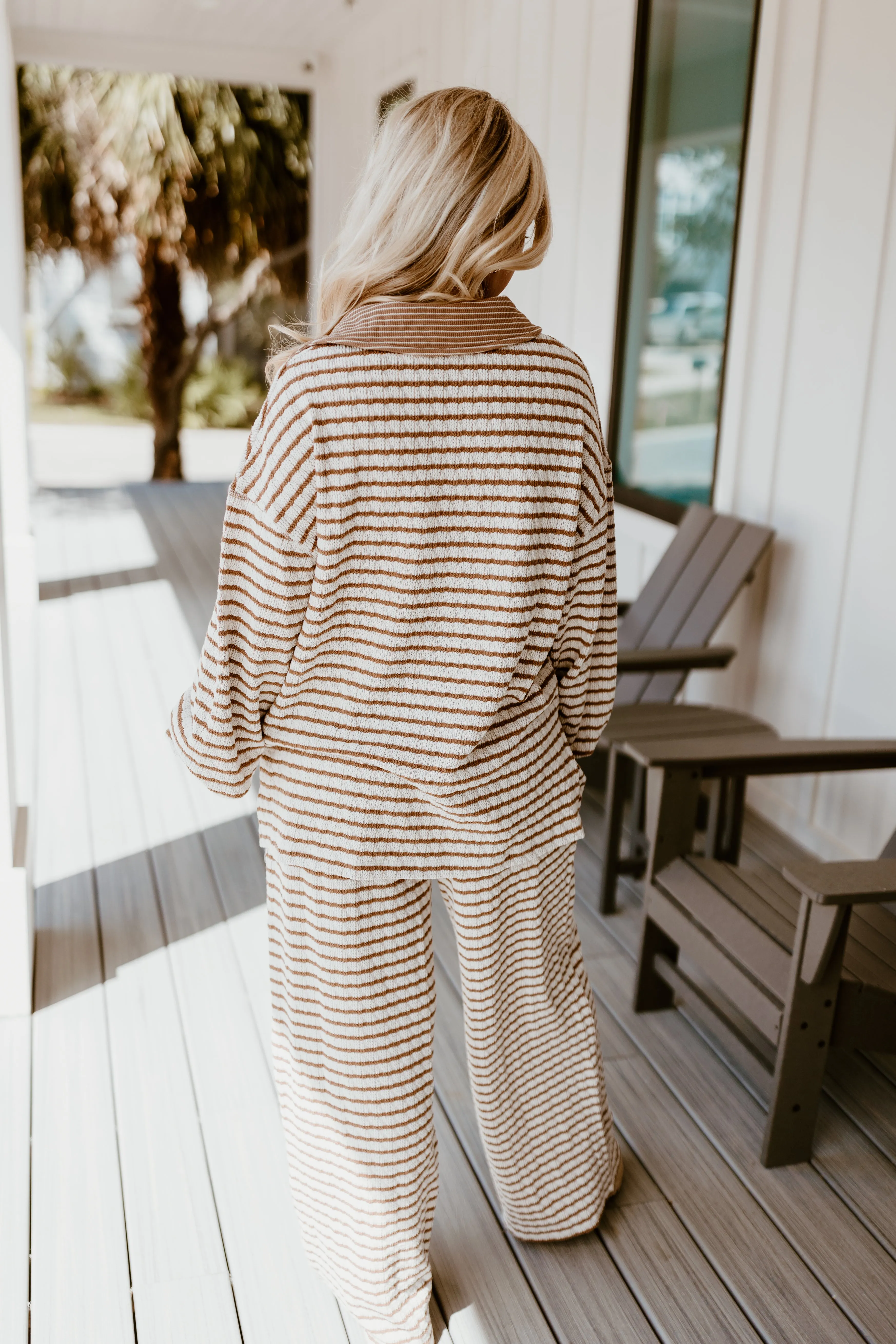 Brown and Cream Striped Knit Pullover and Wide Leg Pant Set