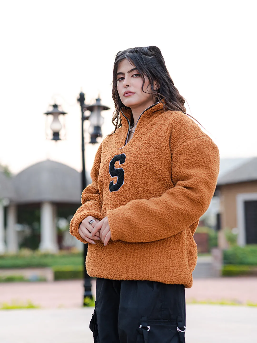 Burnt Orange S Fleece Sherpa Jacket For Women