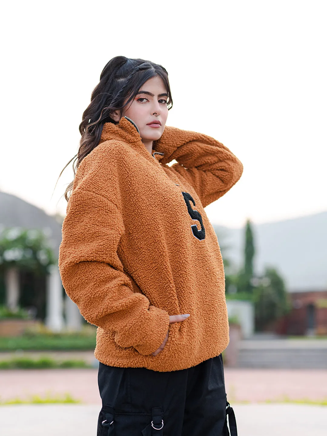 Burnt Orange S Fleece Sherpa Jacket For Women