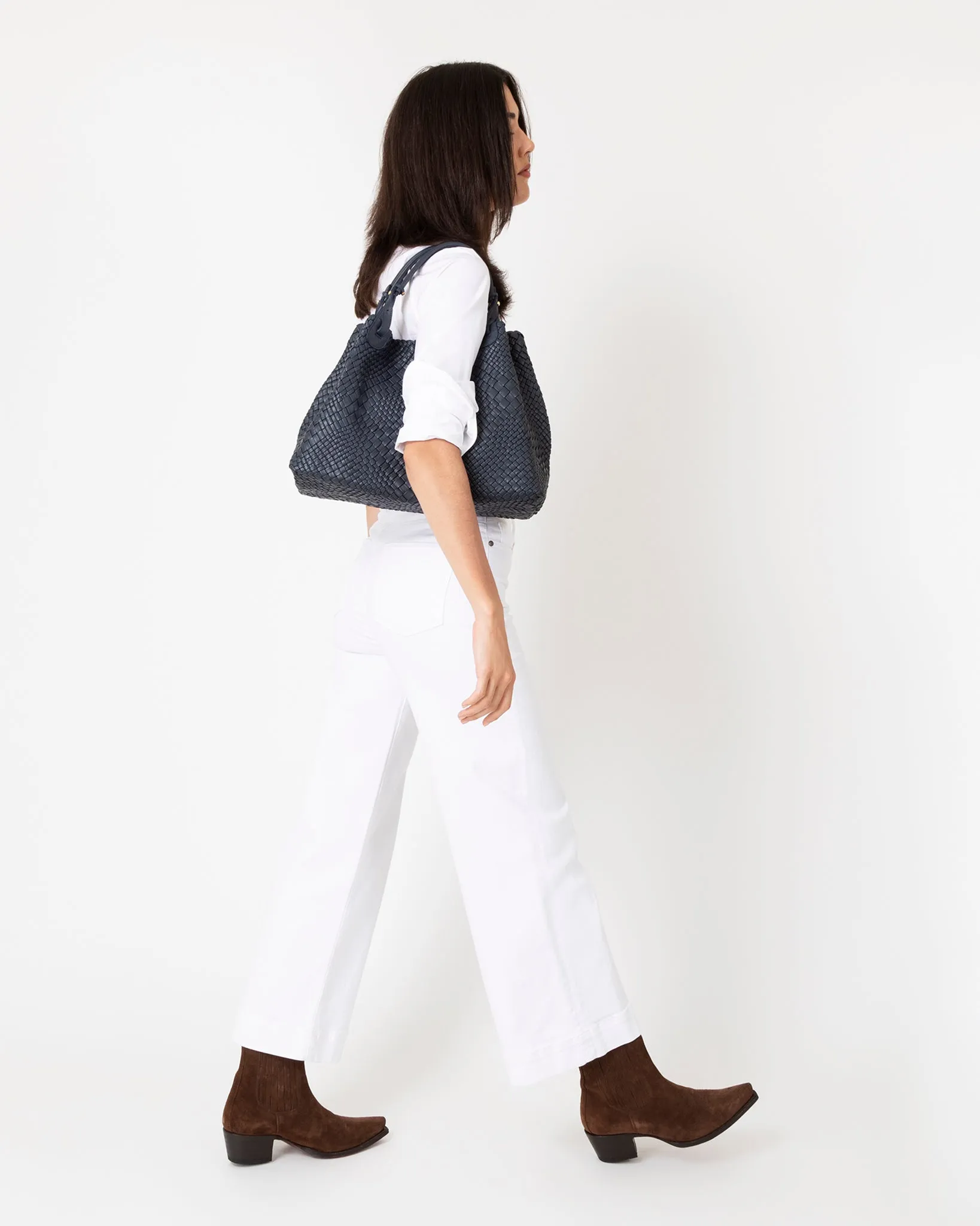 Cate Handwoven Satchel Bag in Navy Leather